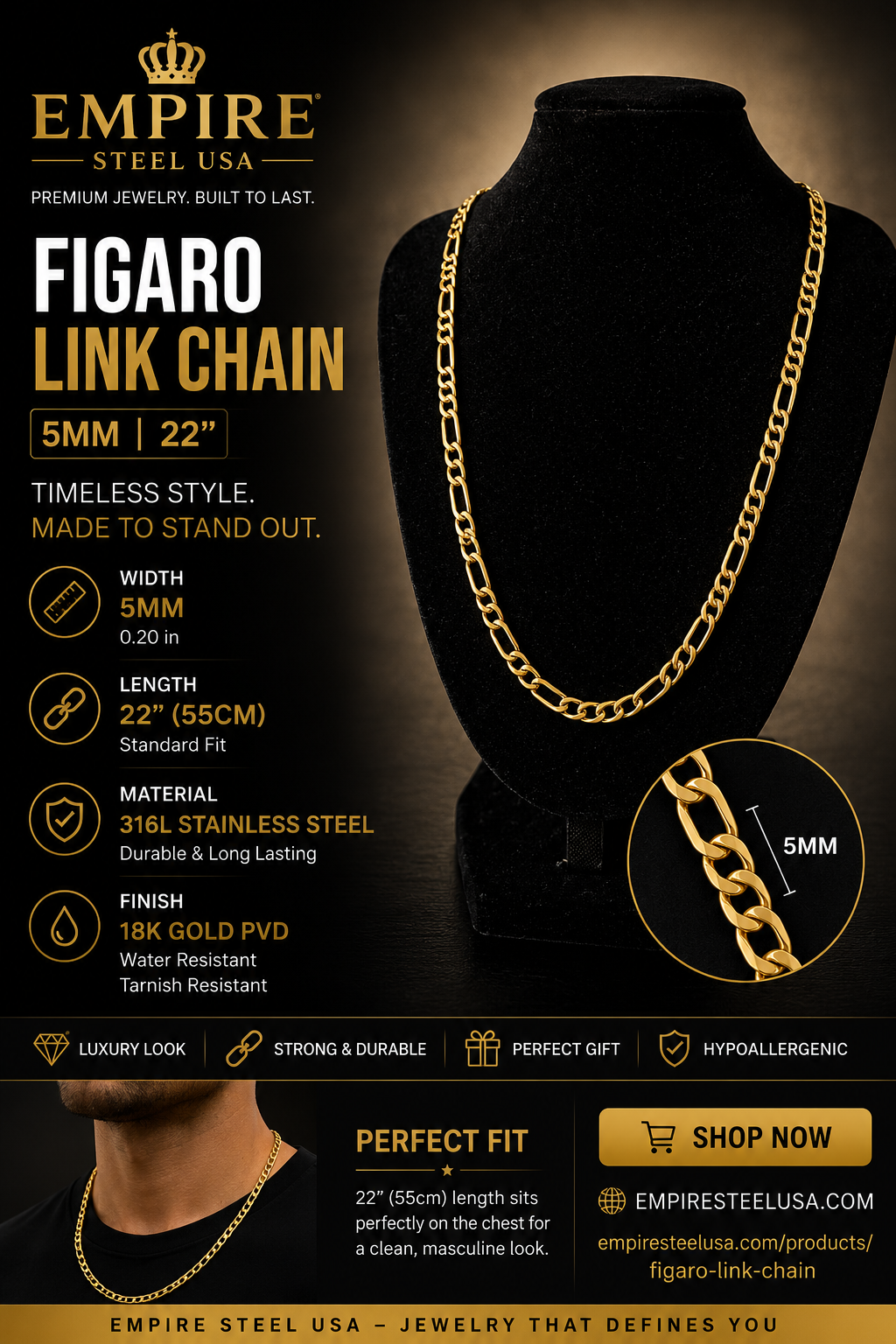Figaro Link Chain 5MM 22" Gold
