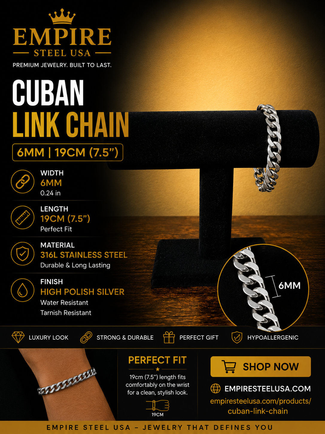 Cuban Link Chain Bracelet – 6MM | 19CM (7.5")